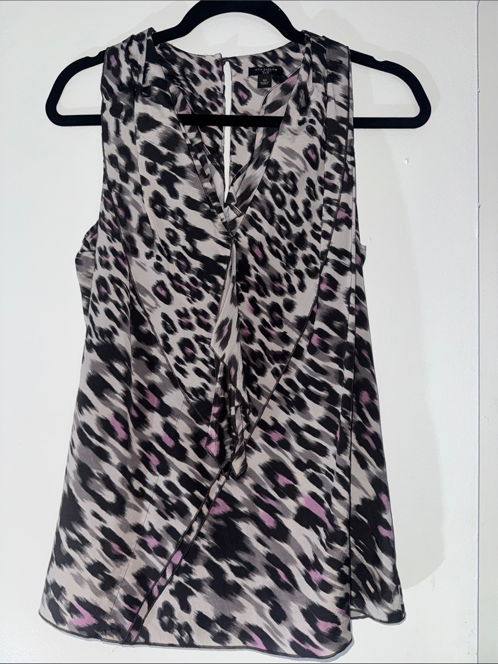 Ann Taylor Pink & Black Leopard Print Tie-Neck Sleeveless Top